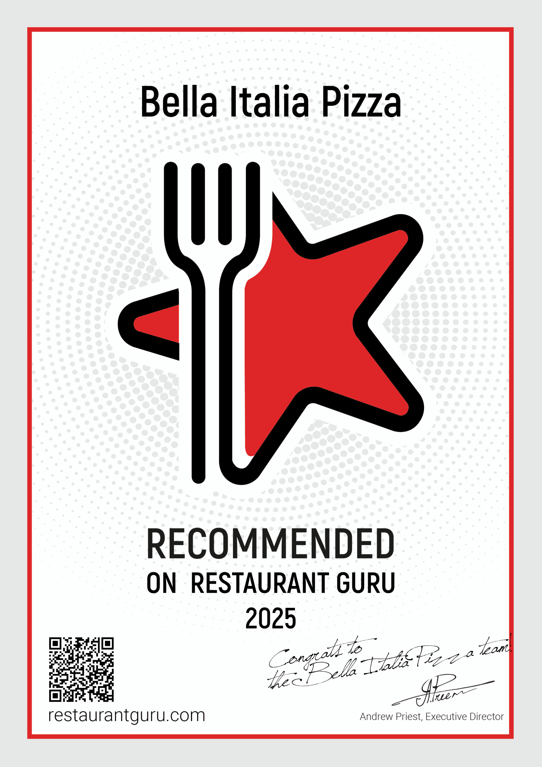Restaurant Guru 2025 certificate awarded to Bella Italia Pizza for outstanding food and service.